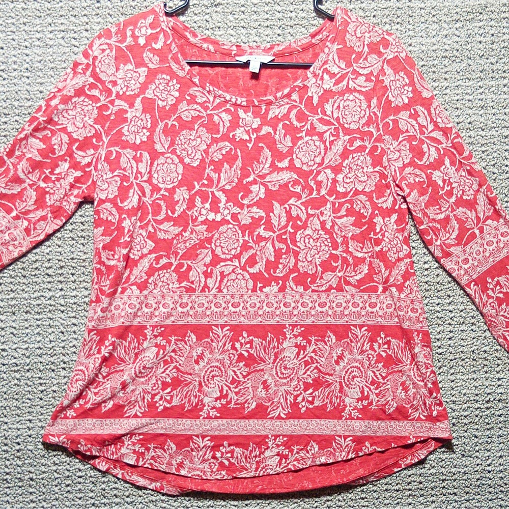 Lucky Brand Size L Women's Pink/White Floral Scoop Neck 3/4 Sleeve Top. #K14